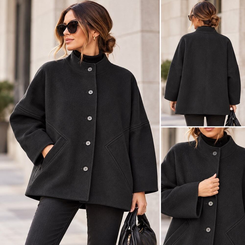 Peabody House Vintage Black 100% Wool Cocoon Coat Dolman Batwing Sleeves M/L